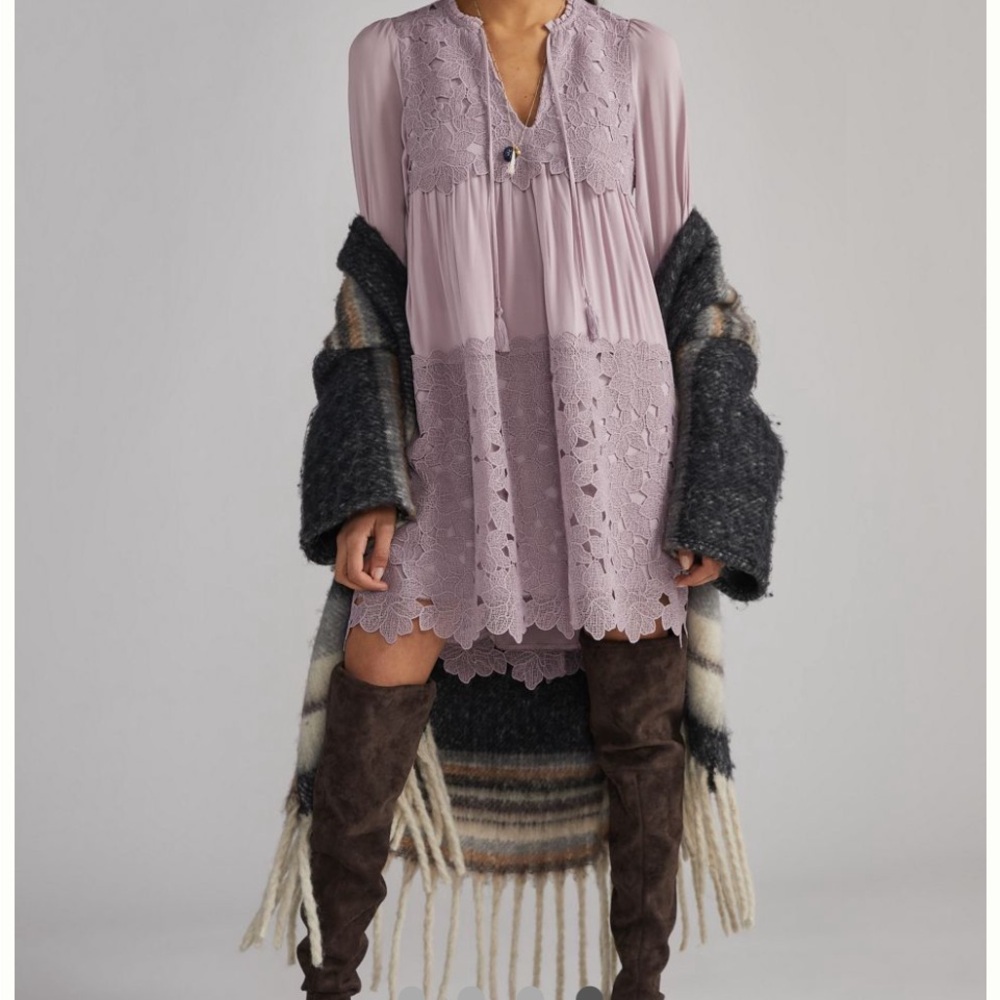 Anthropologie Embroidered Lace Tunic Dress Lilac NWT SIZE XS